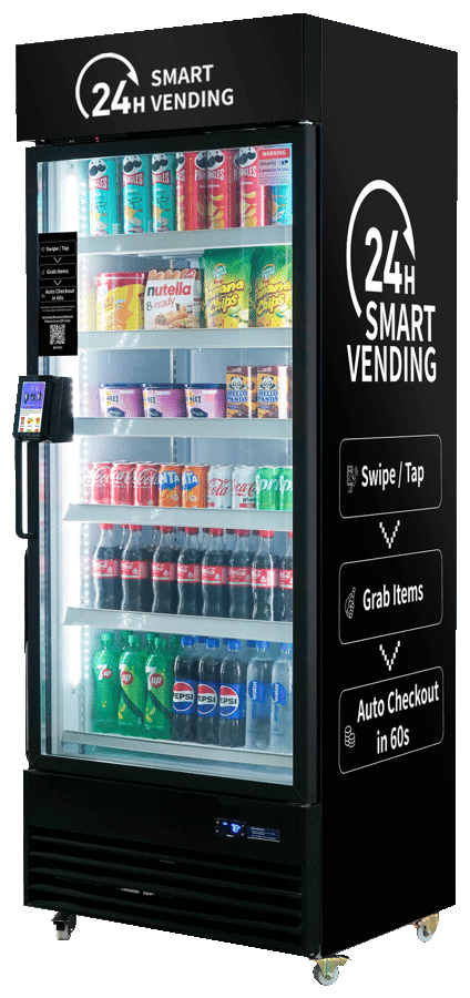 Glass-front AI smart cooler stocked with chips, snacks and cold drinks, with a tap-to-unlock reader on the door