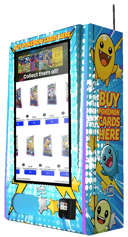 High-capacity wall-mounted trading card vending machine with a 32-inch touchscreen