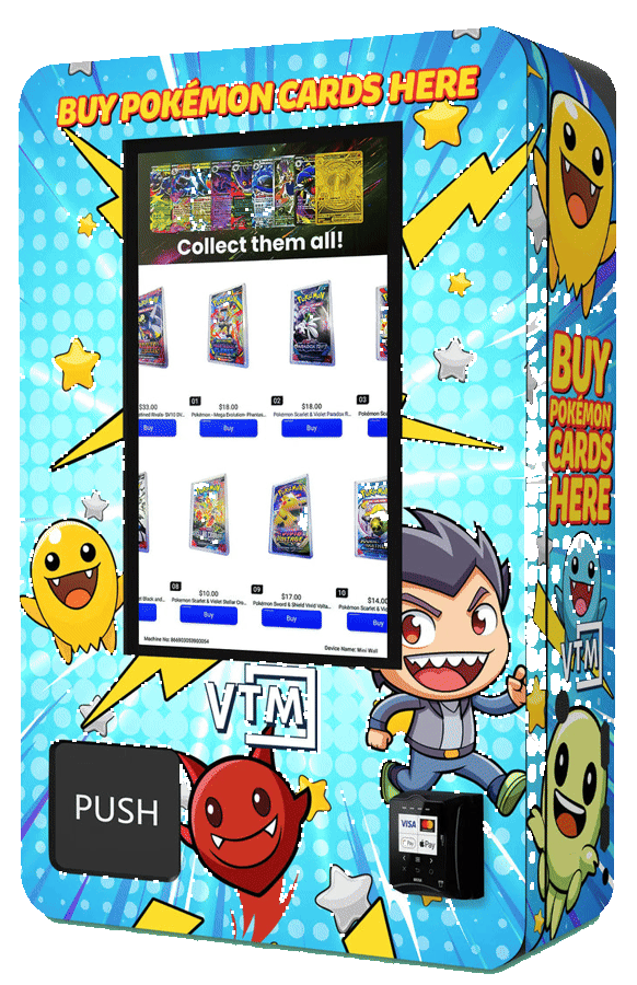 Compact wall-mounted trading card vending machine with a vertical touchscreen and comic-style wrap