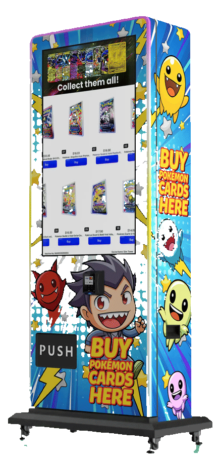 Free-standing six-foot trading card vending tower with a 43-inch touchscreen