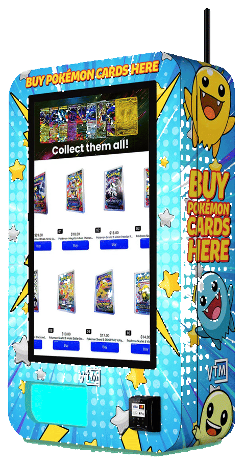 Slim wall-mounted trading card vending machine with a 32-inch touchscreen